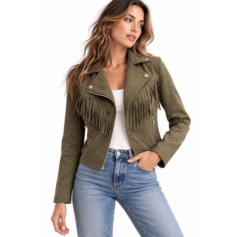 Chartou Olive Green Faux Suede Fringe Moto Biker Jacket Women’s Medium Western